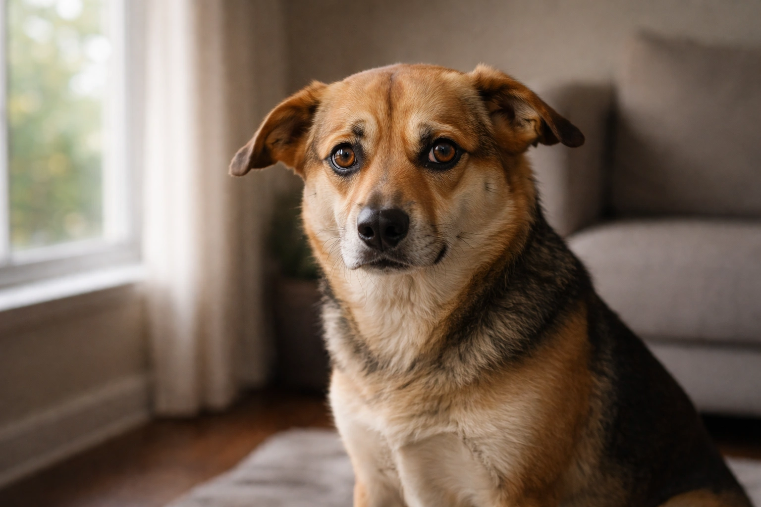 Sanft wirkender Hund sitzt im Wohnzimmer, leicht ängstlich blickend, von weichem Fensterlicht erhellt.