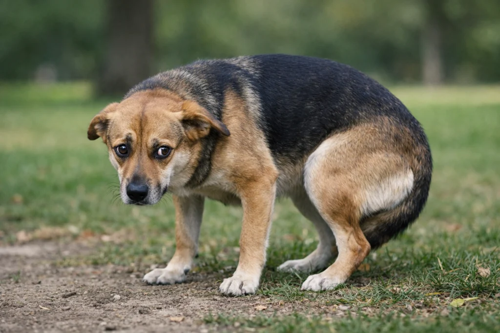 Ängstlicher Hund im Park mit eingezogenem Schwanz, angelegten Ohren und angespannter Körperhaltung