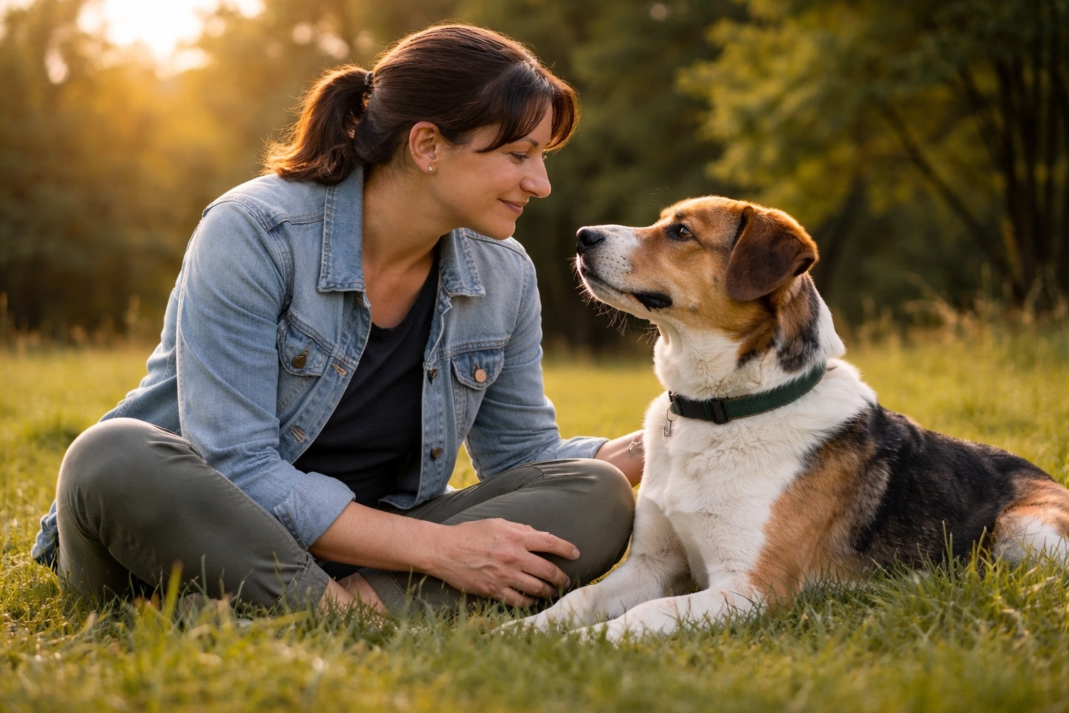Frau sitzt im Park auf dem Gras und blickt ihrem Hund liebevoll in die Augen während des Trainings.