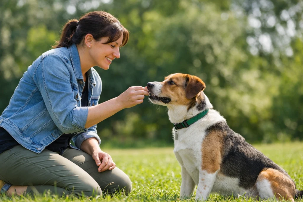 Hund sitzt ruhig im Park, während eine Person ihn mit einem Leckerli für korrektes Verhalten belohnt