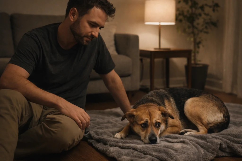 Hundebesitzer sitzt ruhig neben einem ängstlichen Hund und vermittelt Sicherheit in ruhiger Umgebung