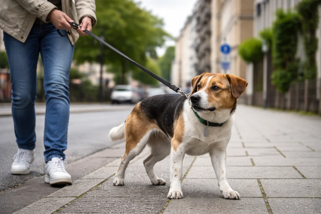 Gestresster Hund an gespannter Leine in der Stadt, Halter wirkt angespannt, Missverständnis klar erkennbar