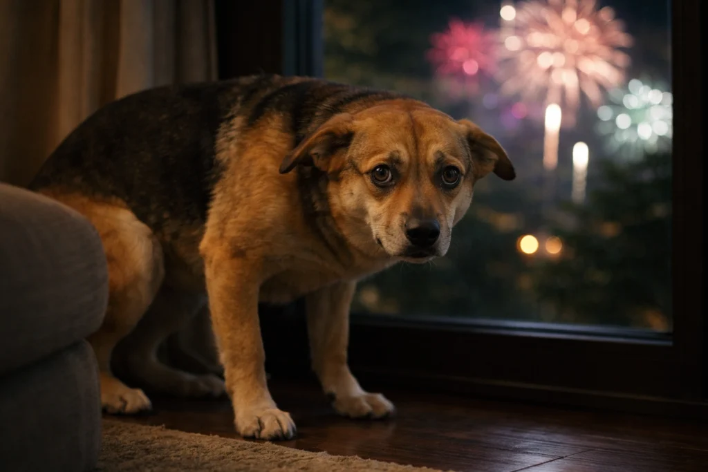 Hund reagiert ängstlich auf Feuerwerk, sitzt angespannt am Fenster mit sichtbarer Unsicherheit