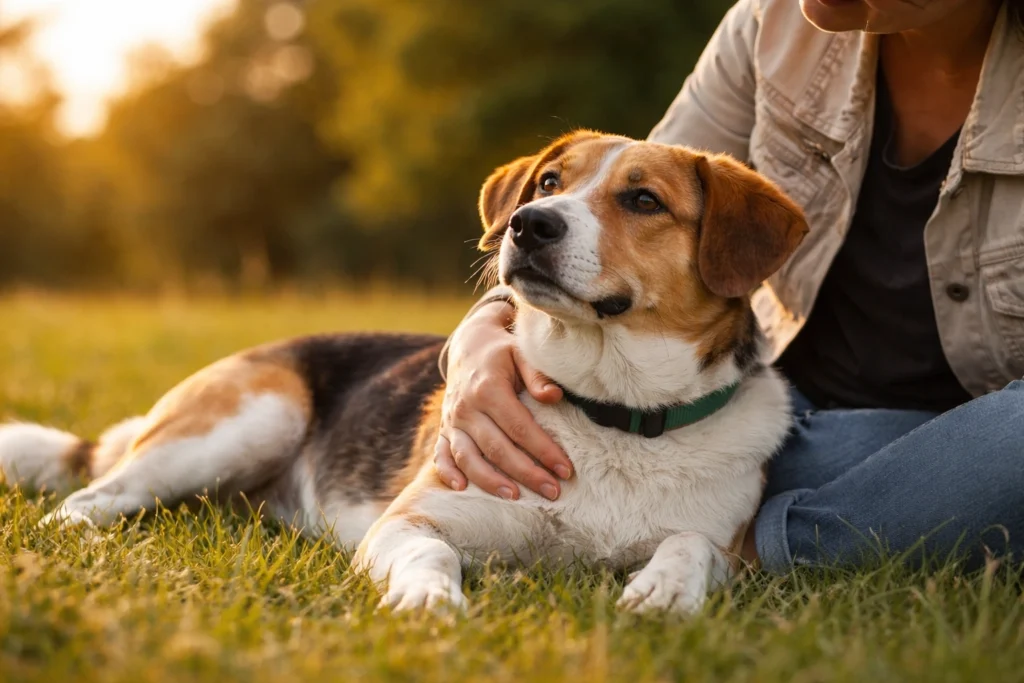 Entspannter Hund liegt neben seinem Menschen auf einer Wiese, ruhige Nähe und Vertrauen sichtbar