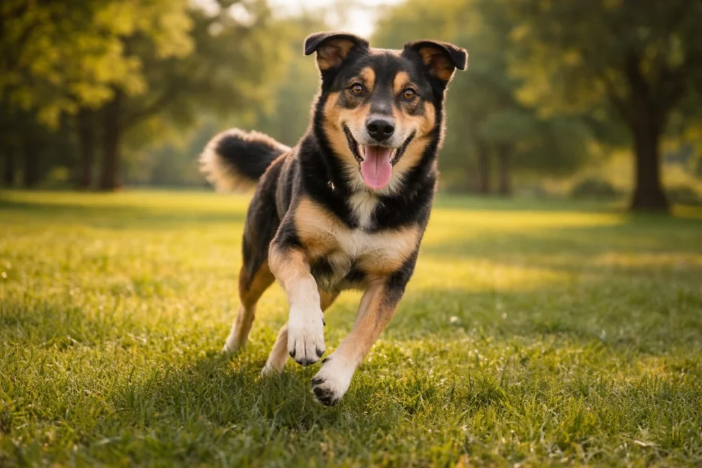 Aktiver Hund läuft glücklich durch grünen Park nach Bewegung und zeigt Fitness und Energie.