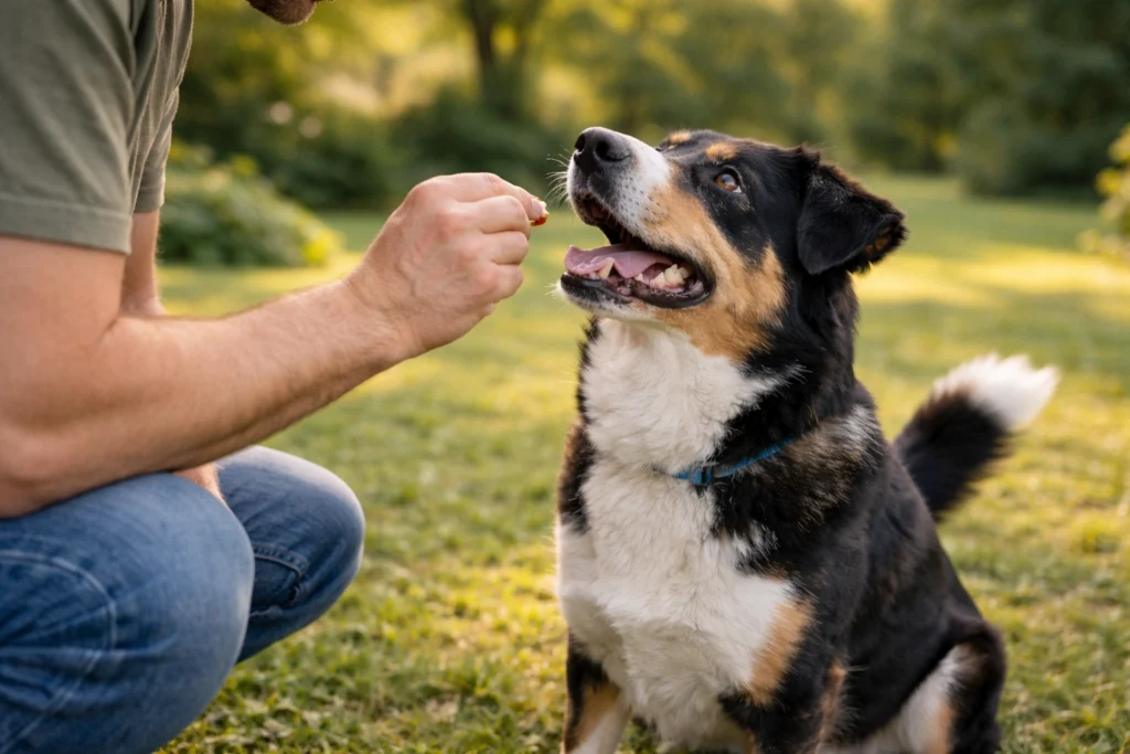 Glücklicher Hund erhält Leckerli vom Besitzer nach erfolgreichem Training im Garten.