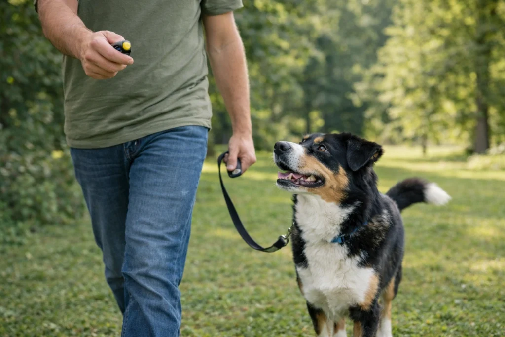Hund läuft an der Leine im Park, Besitzer klickt im richtigen Moment mit dem Clicker.