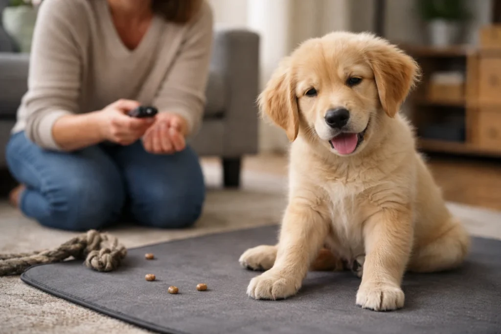 Müder Welpe sitzt auf Trainingsmatte, während Besitzer mit Leckerlis erfolglos trainiert.