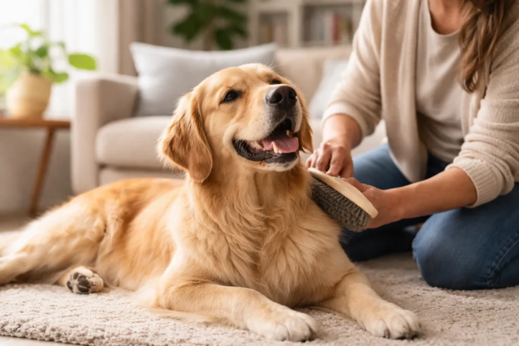 Hund wird im Wohnzimmer entspannt gebürstet, glänzendes Fell, liebevolle Pflege und ruhige Atmosphäre