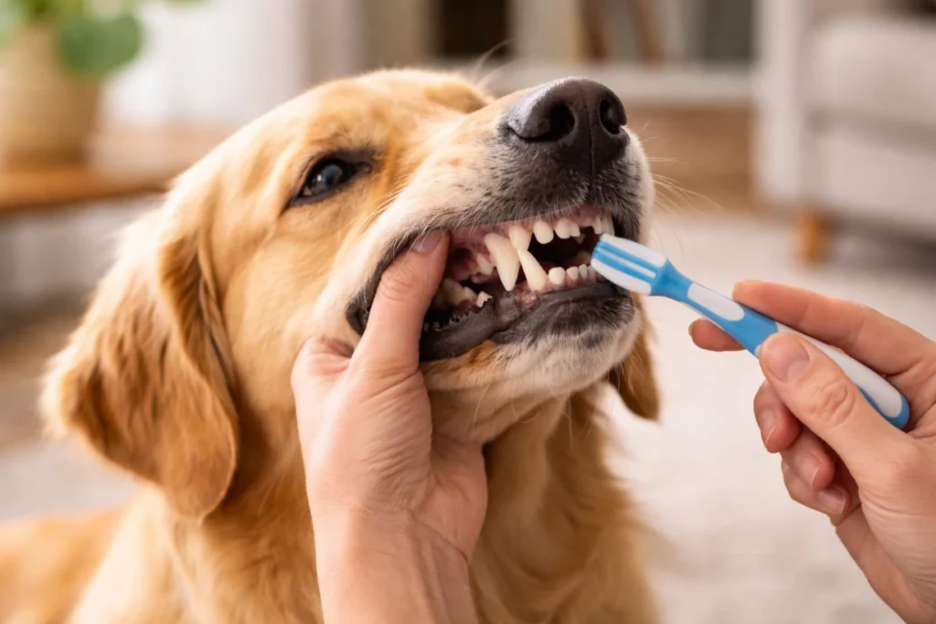 Hundezähne werden zu Hause vorsichtig geputzt, Fokus auf Maul und Hand, ruhige und vertrauensvolle Situation