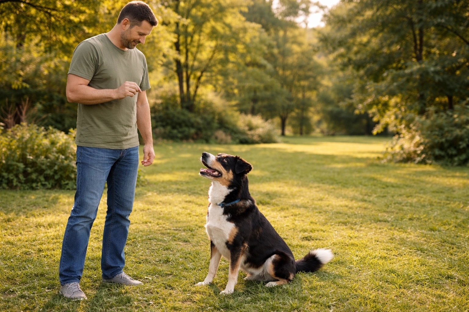 Hund sitzt aufmerksam neben entspanntem Besitzer auf grüner Wiese beim freundlichen Training.