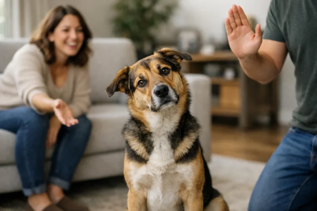 Hund sitzt verwirrt im Wohnzimmer, während Familienmitglieder ihm widersprüchliche Signale geben.