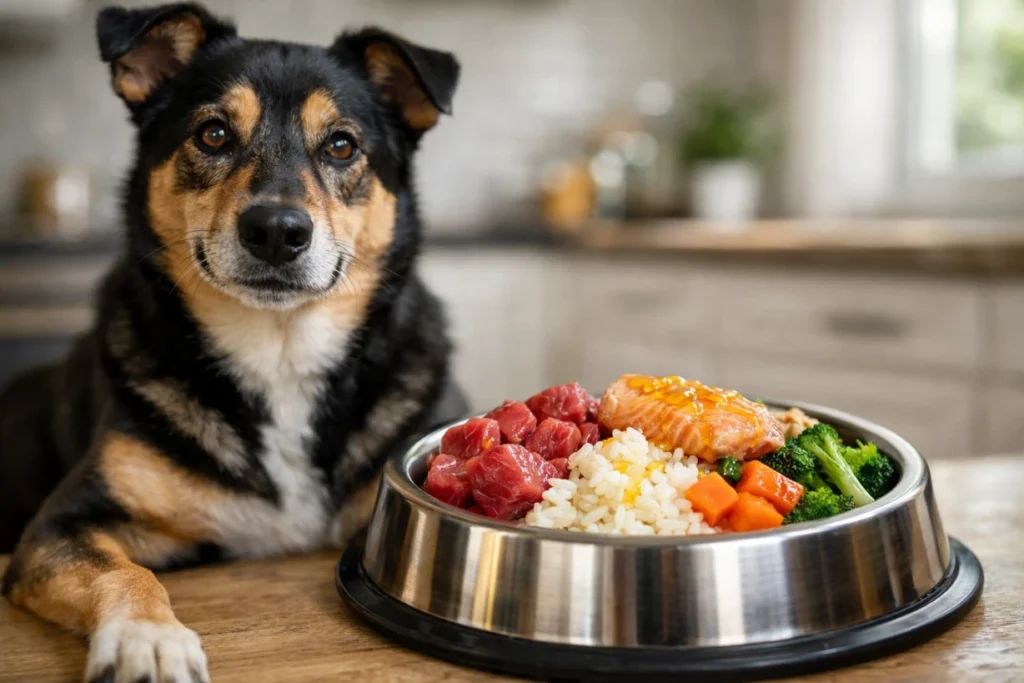 Gesunder Hund sitzt neben Napf mit ausgewogenem Futter aus Fleisch, Reis und Gemüse in der Küche.