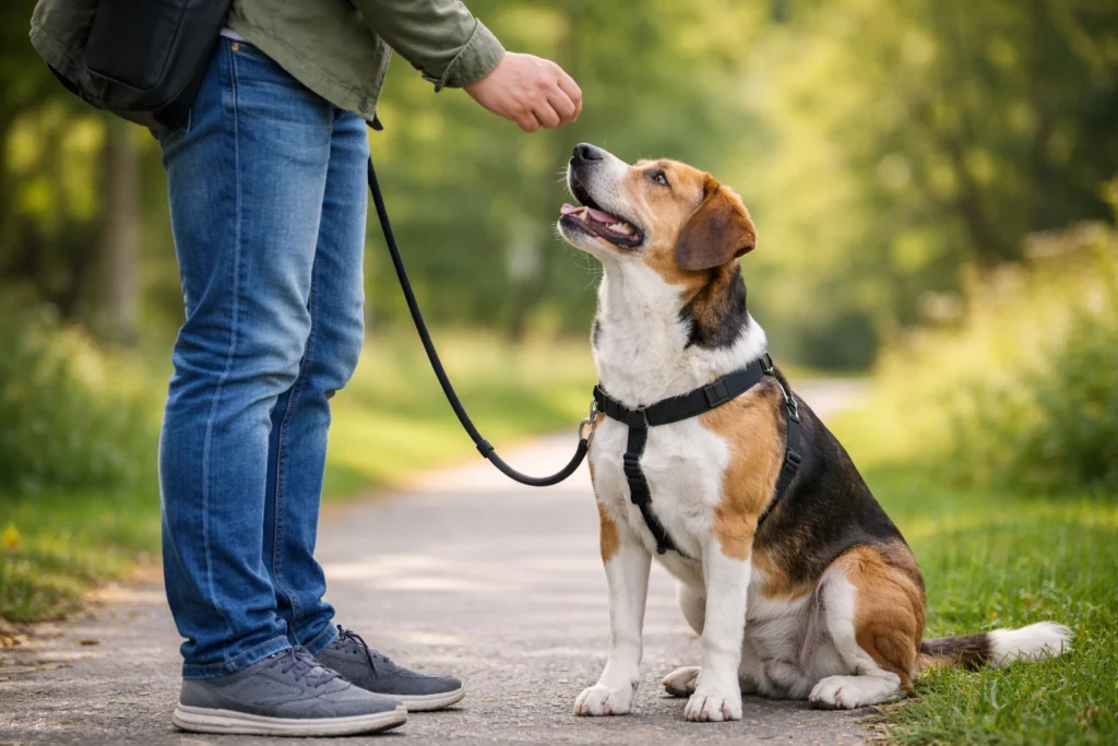 Hund blickt aufmerksam zu seinem Halter auf und erhält Belohnung beim ruhigen Leinenführigkeits-Training.