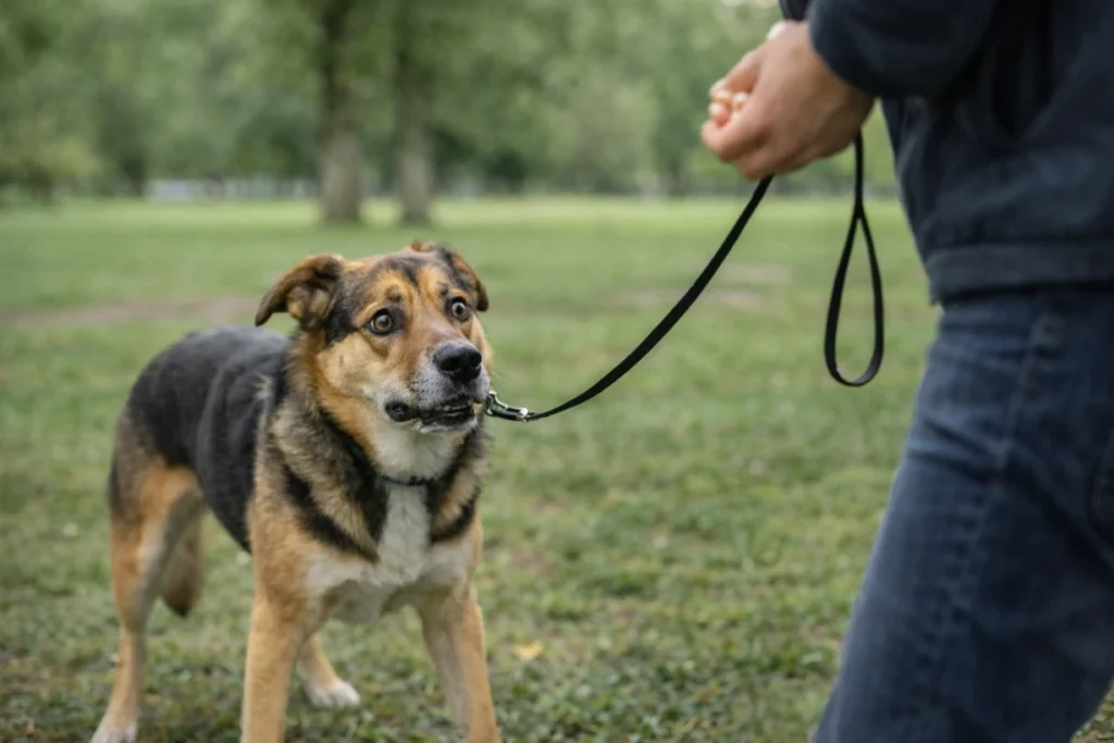 Gestresster Hund an der Leine im Park zeigt deutliche Stresssignale während des Trainings.