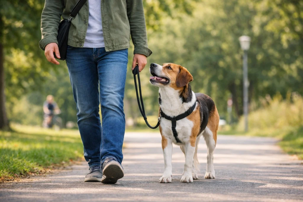 Mensch geht entspannt mit seinem Hund an lockerer Leine durch einen ruhigen Park in natürlicher Bewegung.