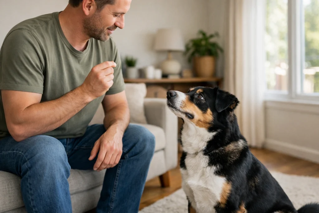 Hund sitzt aufmerksam vor Besitzer im Wohnzimmer, konzentriert beim Lernen eines Kommandos.